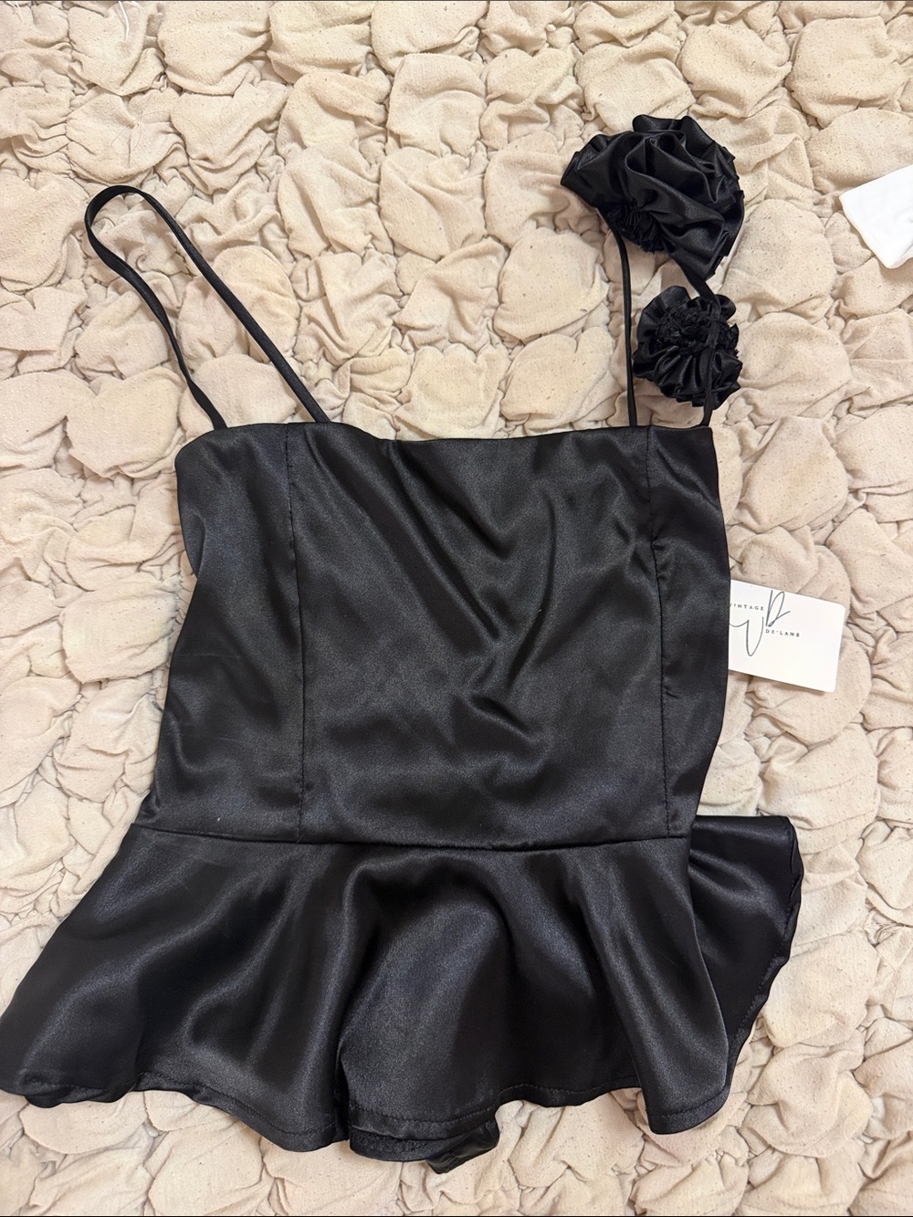 Black Satin One-Shoulder Peplum Romper